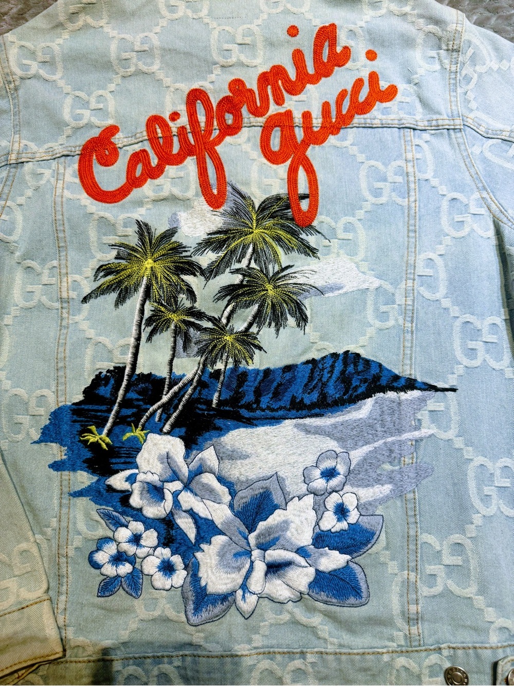 Gucci 'California' Embroidered Denim Jacket - Light Blue with Red Script